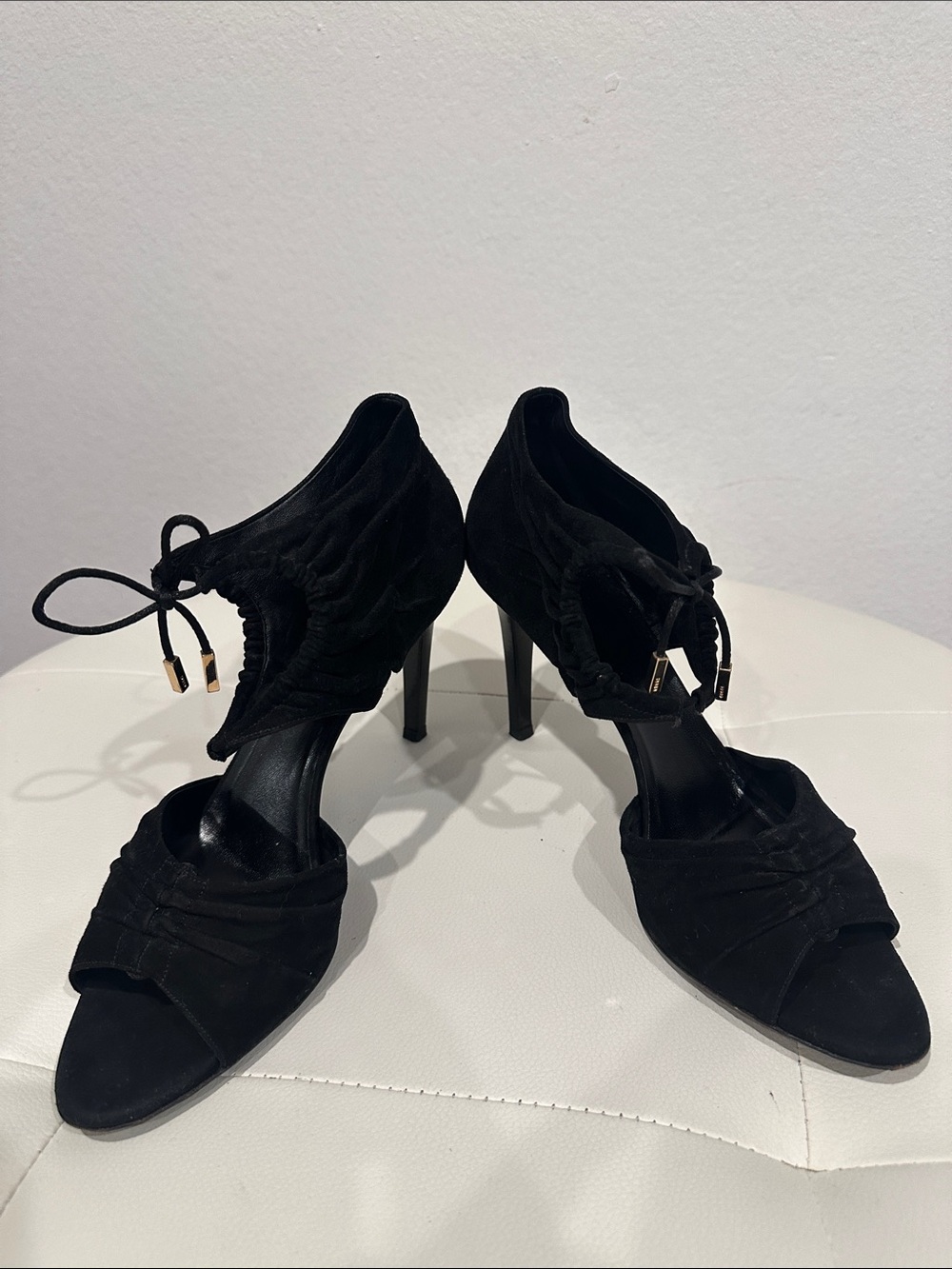 Gucci Black Suede Open-Toe High Heels with Ankle Tie